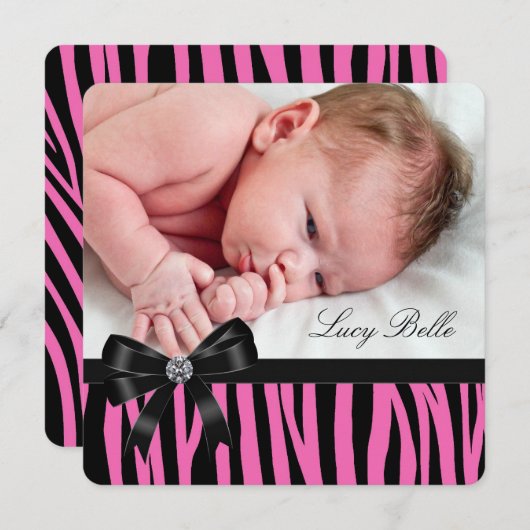 Roze Zebra Geboorteaankondigingen Aankondiging (Voorkant / Achterkant)