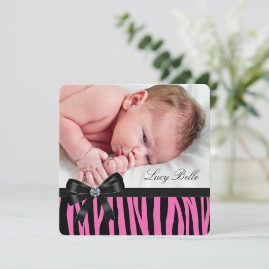 Roze Zebra Geboorteaankondigingen Aankondiging (Staand voorkant)