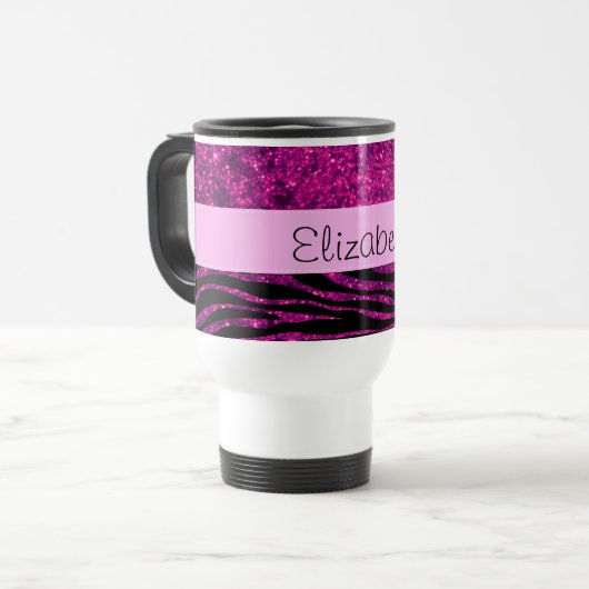 Roze Zebra, Glitter Zebra, Zebra Print, Jouw naam Reisbeker (Voorkant links)