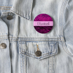 Roze Zebra, Glitter Zebra, Zebra Print, Jouw naam Ronde Button 5,7 Cm