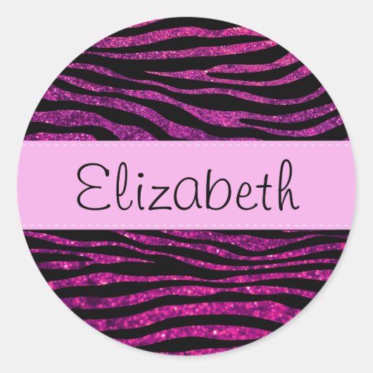 Roze Zebra, Glitter Zebra, Zebra Print, Jouw naam Ronde Sticker (Voorkant)
