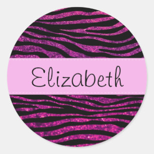 Roze Zebra, Glitter Zebra, Zebra Print, Jouw naam Ronde Sticker