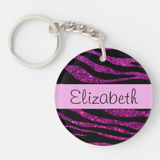 Roze Zebra, Glitter Zebra, Zebra Print, Jouw naam Sleutelhanger (Voorkant)