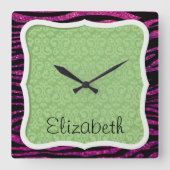 Roze Zebra, Glitter Zebra, Zebra Print, Jouw naam Vierkante Klok (Voorkant)