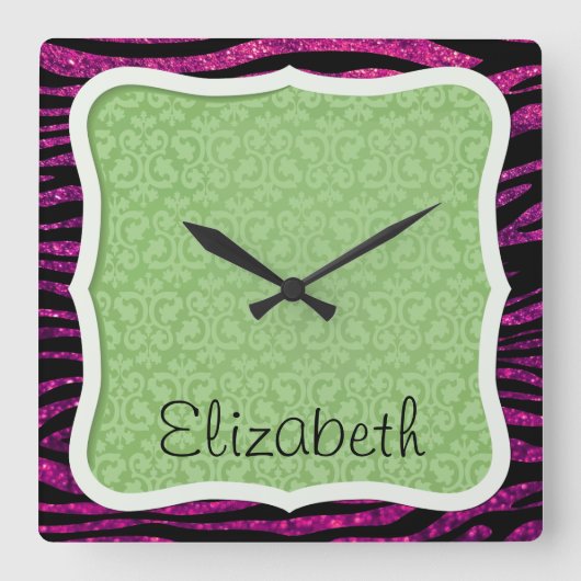 Roze Zebra, Glitter Zebra, Zebra Print, Jouw naam Vierkante Klok (Voorkant)