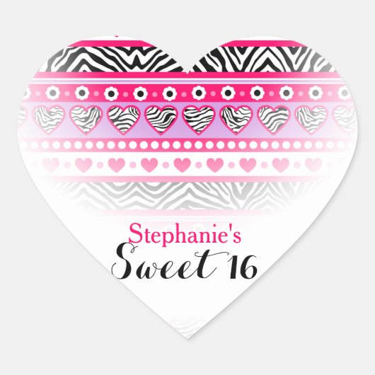 Roze zebra hart Sweet 16 Party sticker (Voorkant)