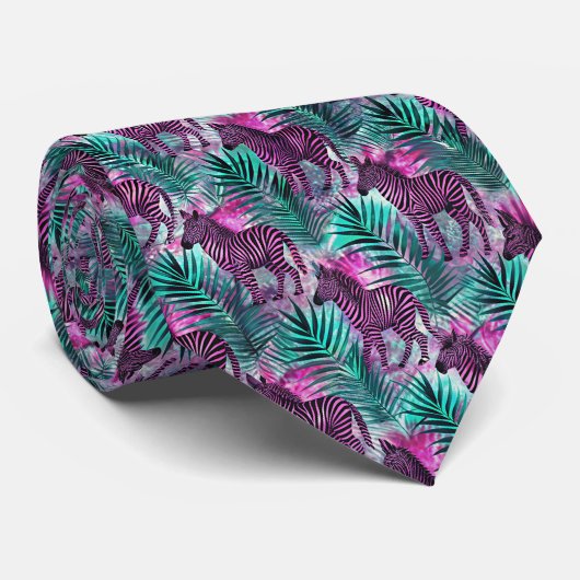 Roze Zebra Jungle Tropisch Patroon Stropdas (Opgerold)