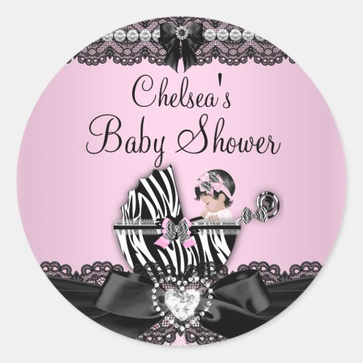 Roze Zebra & kant Baby shower Sticker (Voorkant)