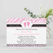 Roze Zebra Leopard Feet Baby shower Uitnodiging (Staand voorkant)