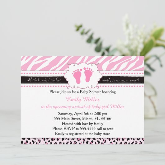 Roze Zebra Leopard Feet Baby shower Uitnodiging (Staand voorkant)
