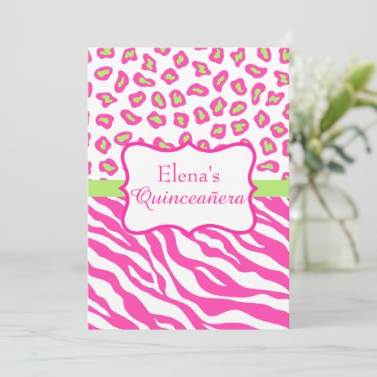 Roze Zebra Leopard Skin Quinceañera Uitnodiging (Staand voorkant)