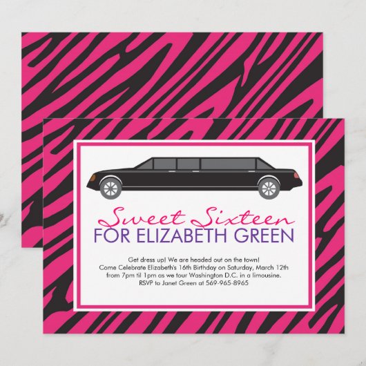Roze Zebra Limo Uitnodigingen (Voorkant / Achterkant)