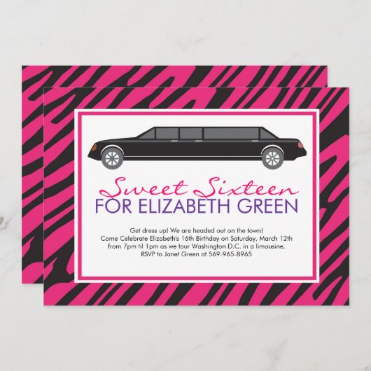 Roze Zebra Limosine Invitaties Kaart (Voorkant / Achterkant)