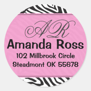 Roze Zebra met initialen Ronde Sticker