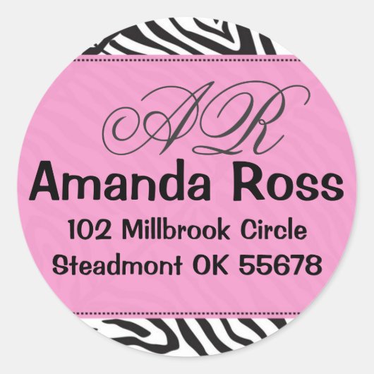 Roze Zebra met initialen Ronde Sticker (Voorkant)