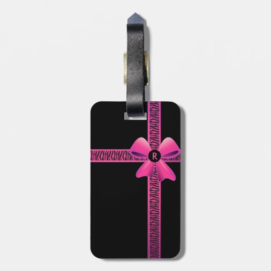 Roze Zebra met roze boommonogram Bagagelabel (Achterkant verticaal)