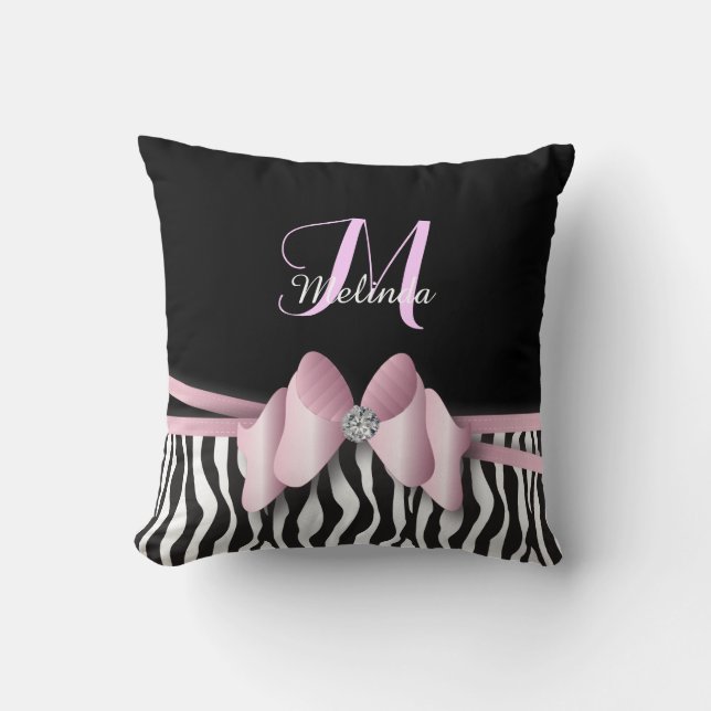 Roze Zebra met strips | Personaliseren Kussen (Voorkant)