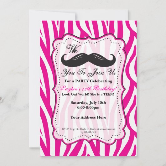 Roze Zebra Mustache Birthday Party Invitation! Kaart (Voorkant)