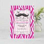 Roze Zebra Mustache Birthday Party Invitation! Kaart (Staand voorkant)