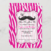 Roze Zebra Mustache Birthday Party Invitation! Kaart (Voorkant / Achterkant)