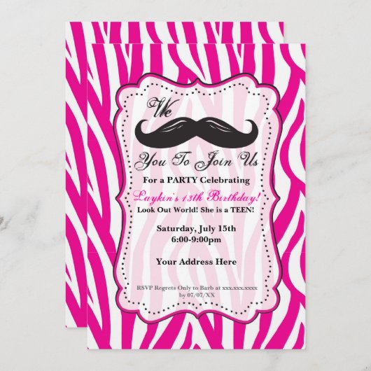 Roze Zebra Mustache Birthday Party Invitation! Kaart (Voorkant / Achterkant)