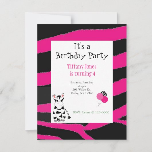 Roze Zebra Pattern Birthday Invitation Kaart (Voorkant)