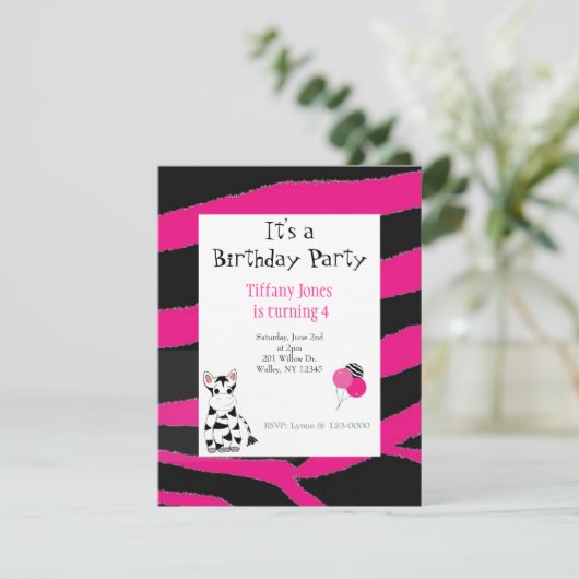 Roze Zebra Pattern Birthday Invitation Kaart (Staand voorkant)