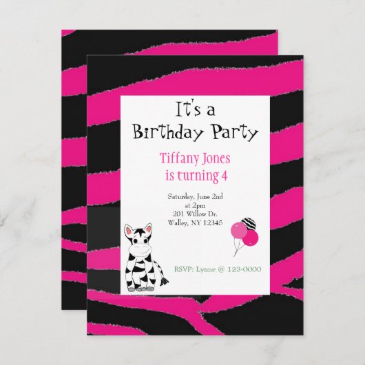 Roze Zebra Pattern Birthday Invitation Kaart (Voorkant / Achterkant)