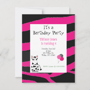 Roze Zebra Pattern Birthday Invitation Kaart