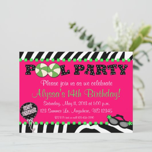 Roze Zebra Pool Party Birthday Uitnodiging (Staand voorkant)