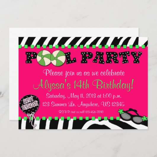 Roze Zebra Pool Party Birthday Uitnodiging (Voorkant / Achterkant)