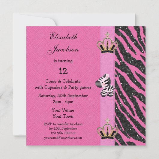 Roze Zebra, prinses Crowns & Animal Print Glitter Kaart (Achterkant)