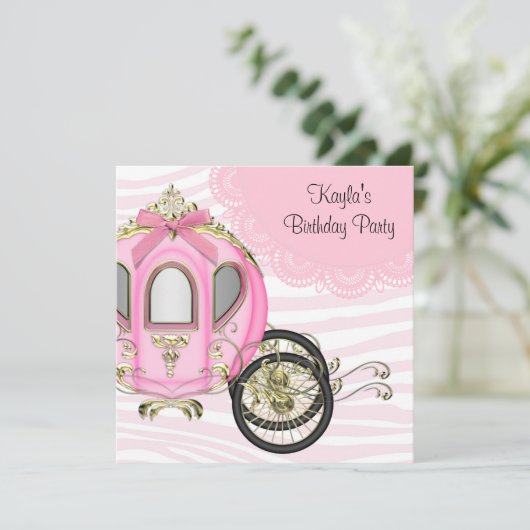 Roze Zebra Prinses Verjaardagsfeestje Uitnodiginge Kaart (Staand voorkant)
