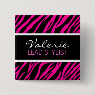 Roze Zebra Print (aangepast) Hair Salon Name Badge Vierkante Button 5,1 Cm