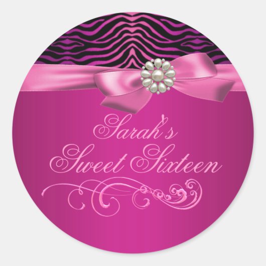Roze Zebra Print & Bow Sweet 16 Envelope Sticker (Voorkant)