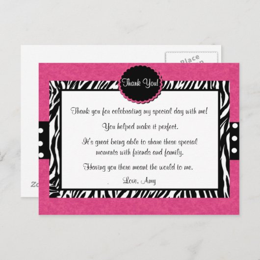 Roze Zebra Print Dank u Briefkaart (Voorkant / Achterkant)