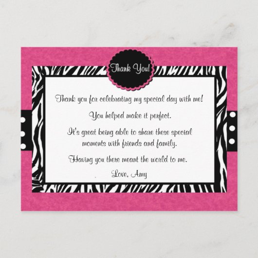 Roze Zebra Print Dank u Briefkaart (Voorkant)