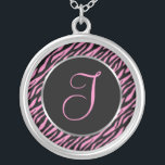 Roze Zebra print Fancy letter I Zilver Vergulden Ketting<br><div class="desc">Schrijfschrift I in roze op een zwarte en roze zebraafdrukachtergrond.</div>