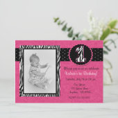Roze Zebra Print Girls 1e verjaardag uitnodiging (Staand voorkant)