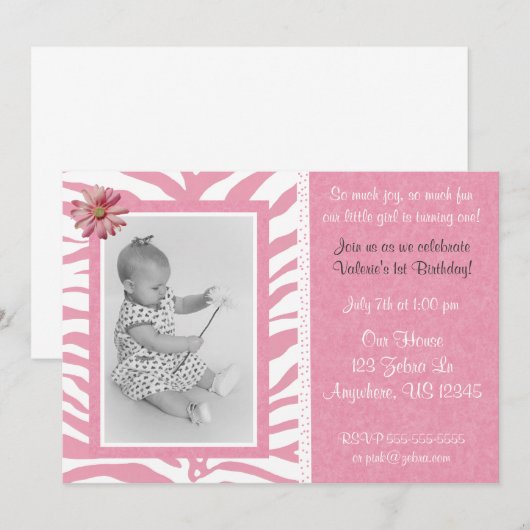 Roze Zebra Print Girls Birthday Uitnodiging (Voorkant / Achterkant)
