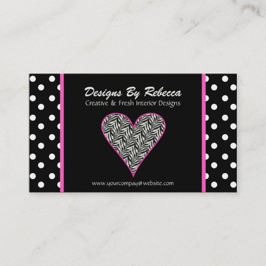Roze Zebra Print Heart & Polka Dots Visitekaartje (Voorkant)