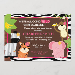 Roze Zebra Print Oerwoud Baby Shower Invitaties Kaart