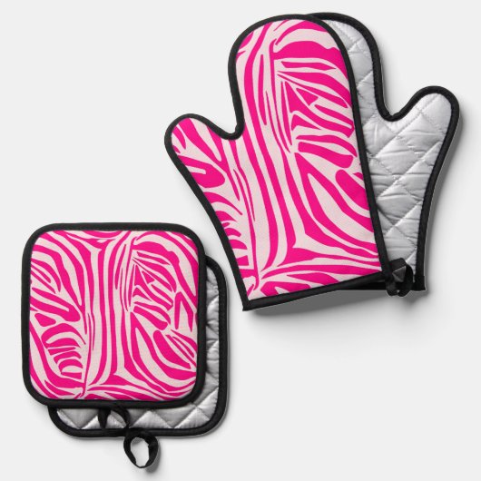 Roze zebra print ovenwant & pannenlap set (Voorkant / Achterkant)