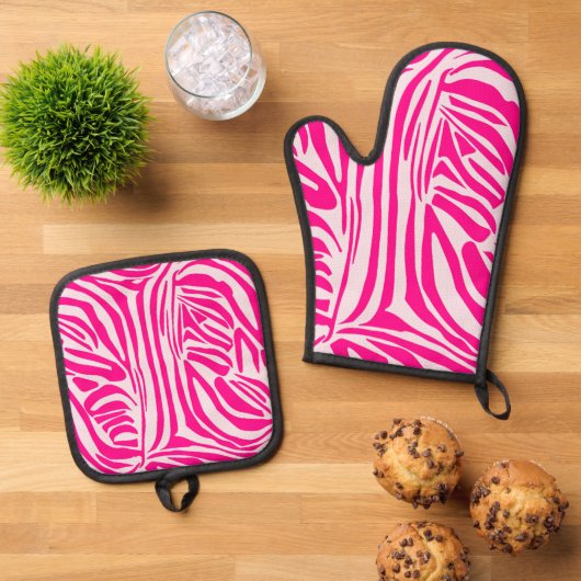 Roze zebra print ovenwant & pannenlap set (Top down)