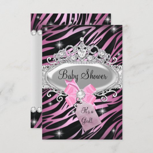 Roze Zebra Print & Princess Tiara Baby shower Kaart (Voorkant / Achterkant)