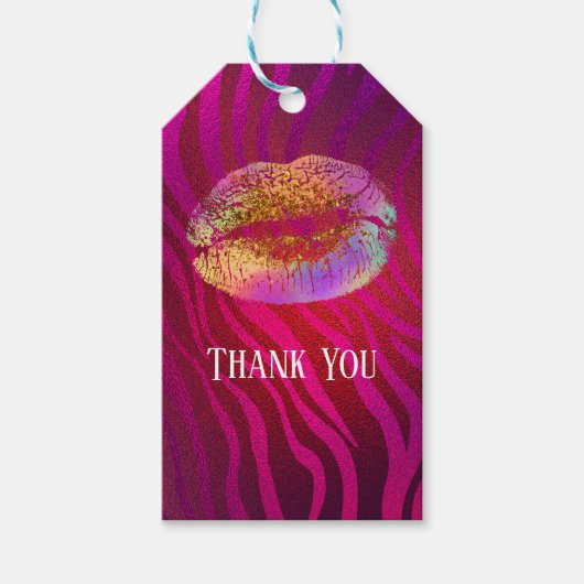 Roze zebra print regenbooggoud glitter lips cadeaulabel (Voorkant)
