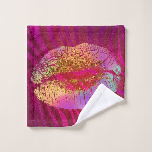 Roze zebra print regenbooggoud glitter lips kus bad handdoek (Wasdoekje)