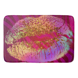 Roze zebra print regenbooggoud glitter lips kus badmat