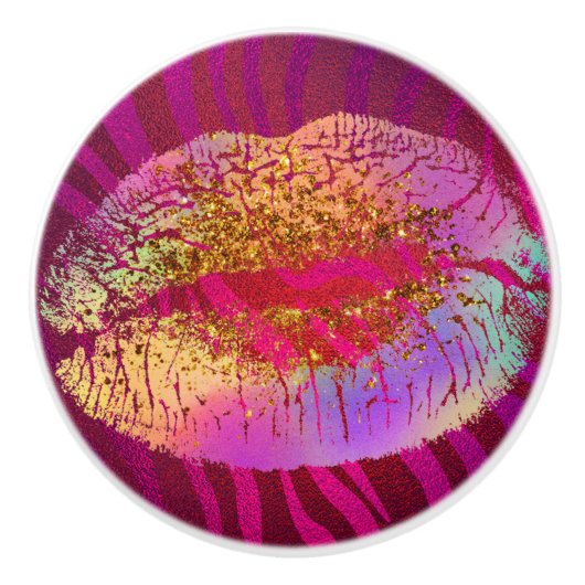 Roze zebra print regenbooggoud glitter lips kus keramische knop (Voorkant)
