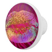 Roze zebra print regenbooggoud glitter lips kus keramische knop (Rechts)